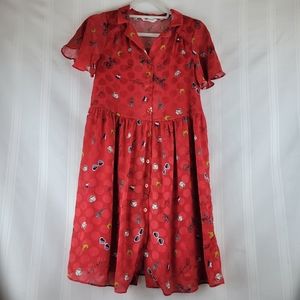 Naf Naf Red Paris Print Flirty Dress Button Up Mini Size 36 small.